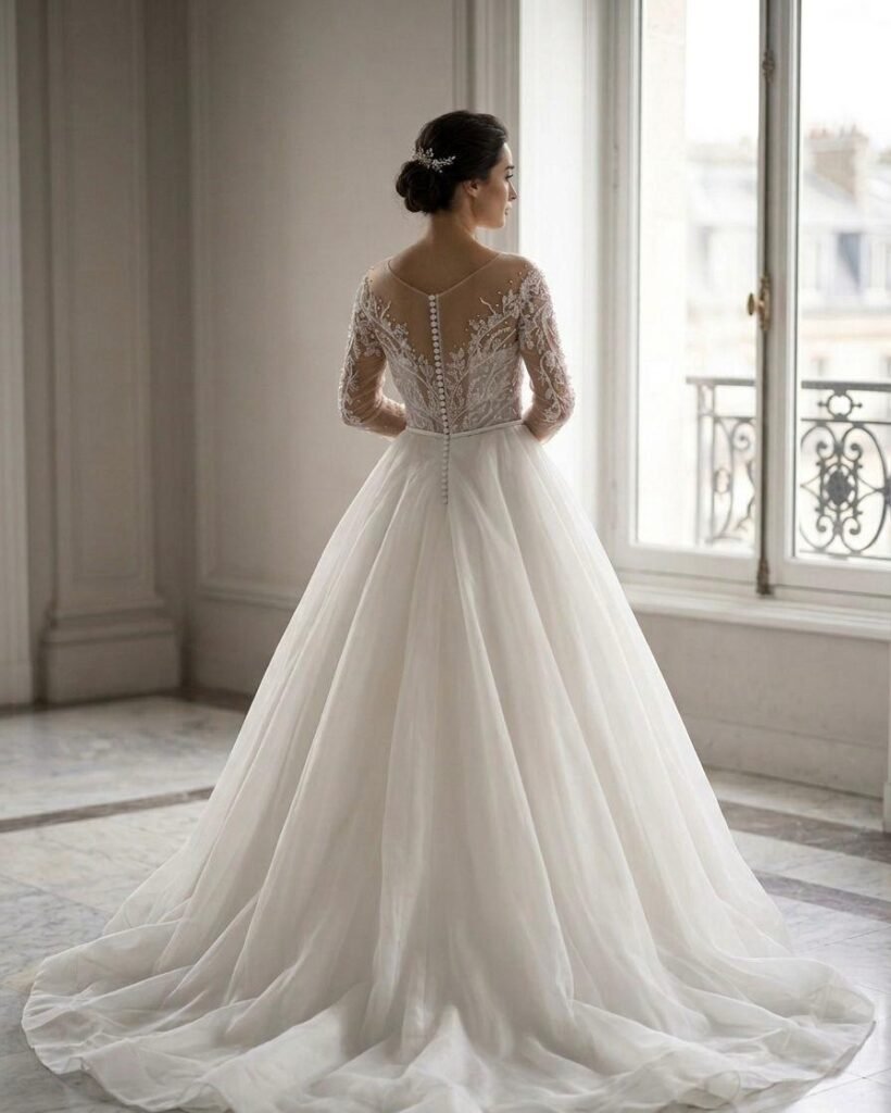 Vestido de Novia con Espalda Joya y Manga Larga — Exclusividad en Sabadell