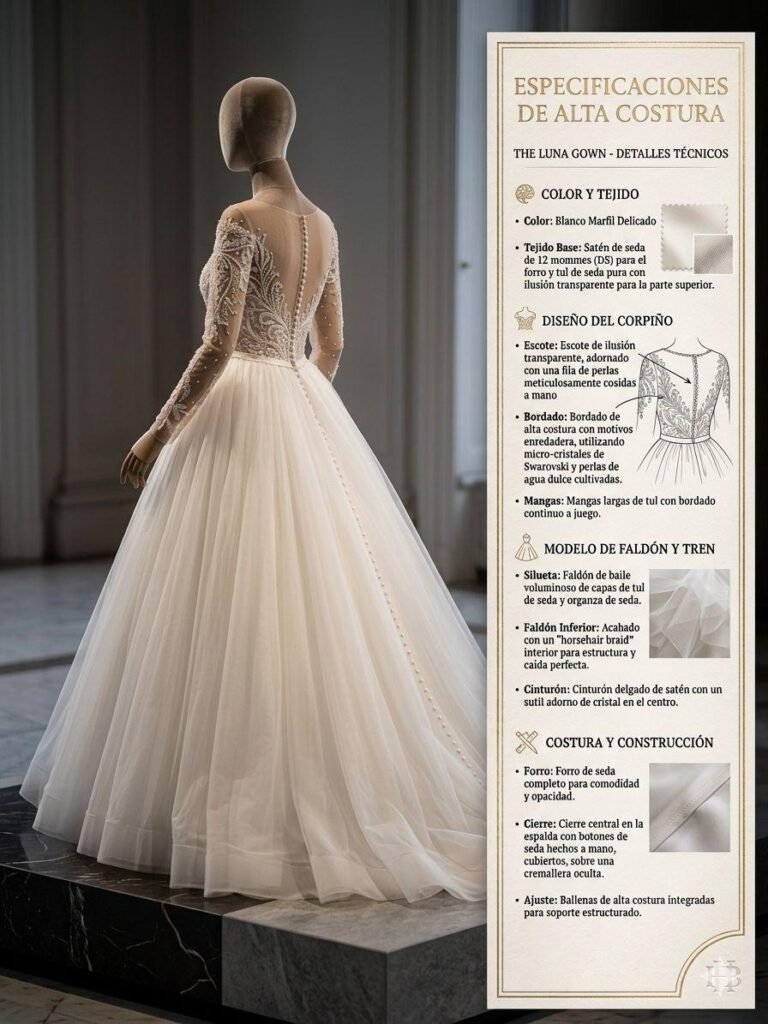 Vestido de corte princesa con una falda amplia y fluida elaborada en múltiples capas de tul o gasa, que aporta volumen y movimiento refinado